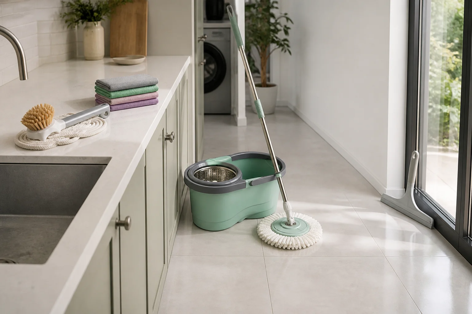 Coordinated household cleaning products in a home application scene