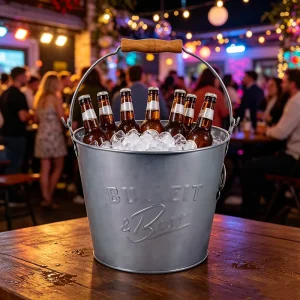 1.5 Gallon Round Metal Beer Ice Bucket with Handle for Holiday Parties