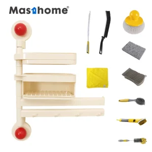10-Piece Household Cleaning Kit with Crevice Brush, Soap Dispenser and Kitchen Sink Storage, Cream Yellow ABS/PET