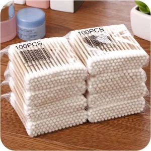 100pcs Disposable Double-Headed Cotton Swabs Wood Bag Packed Hygienic Cleaning Swabs for Household Use Makeup Removal Ear