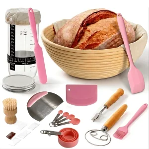 11-Piece Sourdough Starter Kit with Stainless Steel Baking Tools and Pink Box