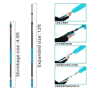 12 Feet Aluminum Extendable Stick Long Handle Adjustable Telescopic Pole Multipurpose Cleaning Tool
