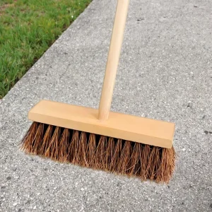 12 Inch Heavy Duty Wooden Broom with Natural Palmyra Bristles and Dustpan for Cleaning Concrete Decks and Patios, Rough Surfaces, Household