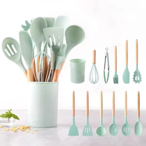 12 Pcs Silicone Cooking Utensils Set with Wooden Handles Heat Resistant & Non Stick Kitchen Tools with Storage Bucket