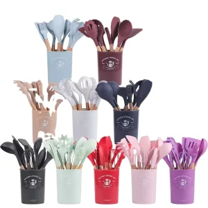 12-Piece Food-Grade Silicone Kitchen Utensil Set with Wooden Handles