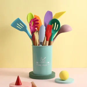 12 Piece Kitchen Utensils Set Silicone Cooking Utensils Non Slip Wooden Handles Heat Resistant 446F Oven Microwave Canning