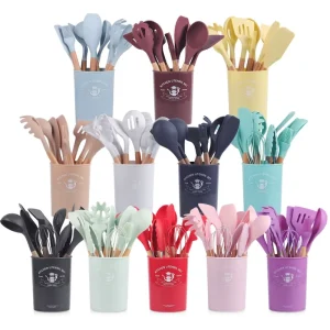 12-Piece Silicone Kitchen Utensil Set with Wooden Handles
