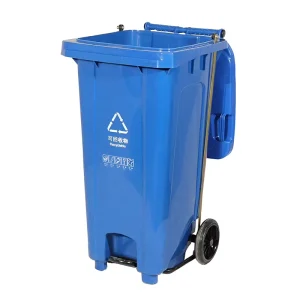 120L Rectangle Plastic Street Bin with Wheels for Outdoor Blue HDPE Foot Red Pedal Plastic Waste Bin