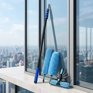 12ft Extension Pole Cleaning Duster Kit with Angle Adapter 5 in 1 High Ceiling Fan Duster Window Squeegee Scrubber Set