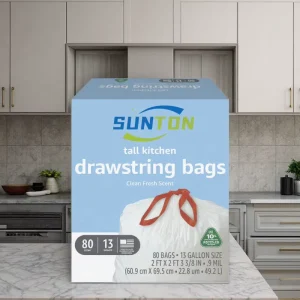13 Gallon Draw String Trash Bags Custom Printed Plastic Waste Rubbish Bags in Rolls for Household Products Packaging