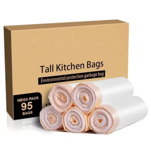 13 Gallon Large Tall Kitchen Drawstring Strong Multipurpose White PE Garbage Bags 5 Rolls 95 Counts for Trash Can and Garbage Bin