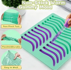 16-Cavity Food-Grade Non-Stick Silicone Gummy Worm Mold