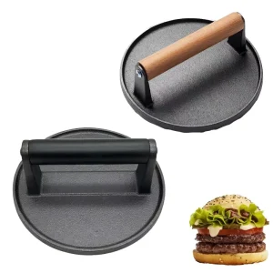 17cm Round Heavy-Duty Cast Iron Burger Press with Wood Handle for Griddle