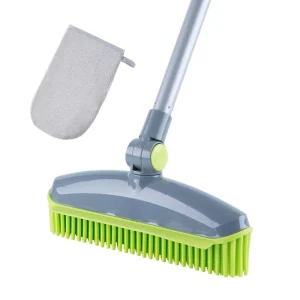 180° Rotating Rubber Broom & Squeegee 50″ Handle for Pet Hair Removal on Carpets & Floors Includes Hair Removal Gloves
