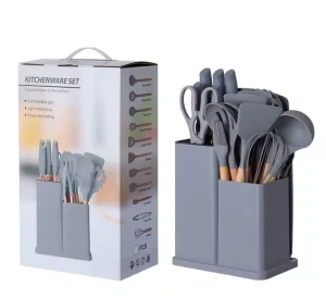 19-Piece Silicone Kitchen Utensil Set with Wooden Handles and Stainless Steel Knives