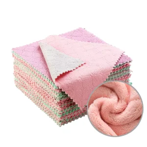 2 Layers Thickened Coral Fleece Microfiber Kitchen Towels Lint-Free Super Absorbent Quick Dry Reusable Cleaning Cloths