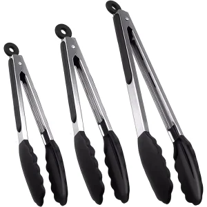 2-Pack Black Locking Kitchen Tongs with Stainless Steel Handles and Silicone Tips