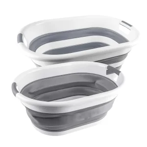 2 Pack Collapsible Pet Bath Basins and Buckets Grey Oval Large Bath Pail 20L 15L Foldable Plastic Collapsible Silicone Bucket