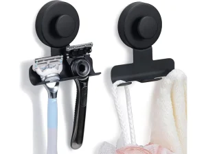 2 Pack Matte Black Stainless Steel Suction Minimalist Multi Hook Bathroom Dispenser for Shower Towel & Loofah