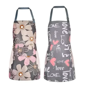 2-Pack Waterproof Kitchen Aprons with Coral Velvet Side Hand Towels, Wipeable Floral & Heart Print Chef Aprons with Large Pocket
