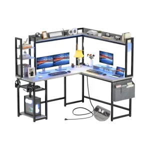 2-Person Large Wooden L-Shaped Computer Desk with Power Outlet, LED Lights, and Storage Shelf