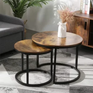 2-Piece Minimalist Wooden Round Rustic Living Room Table Set Black Coffee Table