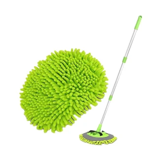 2 in 1 Car Cleaning Brushes & Mop Telescoping Long Handle Chenille Broom Green Auto Accessories