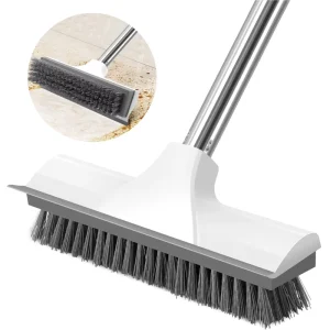 2 in 1 Long Handle Broom Floor Scrub Brush with Squeegee Deck Scrub Stiff Brush Bristles for Cleaning Bathroom Deck Garage