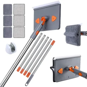 2 in 1 Rectangular Multifunctional Baseboard Ceiling Cleaner Flat Mop Set With Squeegee Rubber Strip Stainless Steel Handle