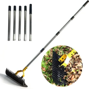 2 in 1 Thatch Rake 15″ Heavy Duty Dethatcher Rake Dual Tines Clean Dead Grass and Leaves Loosen Soil Adj 71.5″ Handle for Garden