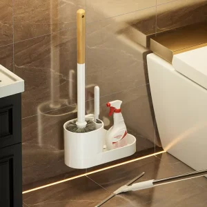 2 in 1 Wall Mounted Wood+Plastic Handle PP Brush Space Saving Design Easy Install for Home Hotel Cleaning Toilet Brush Set