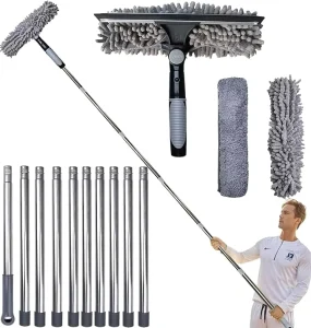 20+ Feet Reach 2 in 1 Window Cleaning Tool Washing Squeegee and Duster with Spliceable Extension Pole with 2 Replace Pad