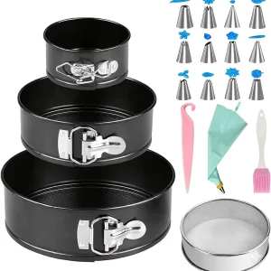 20-Piece Non-Stick Cake Baking Pan Set with 4, 7, and 9 Inch Pans, Piping Nozzles, Pastry Brush, and Spatula