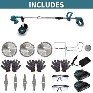 21V Cordless Brush Cutter Grass Trimmer with 2 Batteries Charger 3 Circular Saw Blades Safety Goggles & Gloves