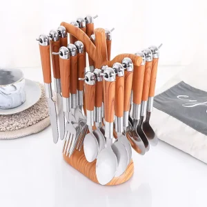 24-Piece Stainless Steel Flatware Set with Wood-Grain Handles and Rack