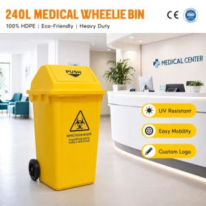 240L HDPE Plastic Outdoor Waste Bin Heavy Duty Mobile Wheelie with Lids Garbage Container for Shopping Mall Use