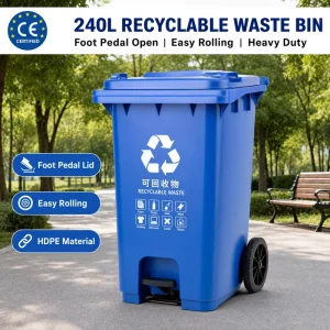 240L Heavy Duty HDPE Plastic Outdoor Wheelie Garbage Collection Bin with Lids Brake Wheel