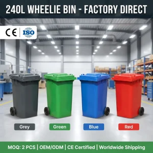 240L Heavy Duty Outdoor Eco-Friendly HDPE Thickened Garbage Bin with Wheels Lids Drain Plug Indoor Outdoor Use