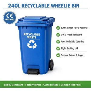 240L Heavy Duty Outdoor Plastic Waste Bin with Lids Wheelie Garbage Can for Parks