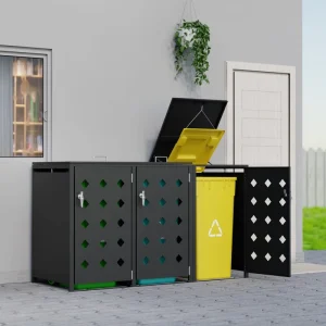 240L Outdoor Galvanized Steel Waste Bin Cabinet Triple Wheelie Bin Storage Custom Design Strong Garbage Can Box with Open Lid