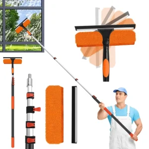 24FT Professional Window Cleaning Kit 2 in 1 Aluminum Telescopic Tool 5 24FT Pole 180° Rotatable Squeegee High Window Cleaning