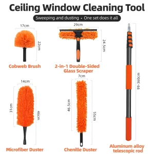 24ft High Reach Cleaning Duster Kit with Aluminum Telescopic Pole 5 in 1 Multi Angle Window Squeegee Cobweb Brush