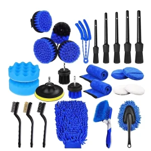 26pcs Car Detailing Kit Brushes Set Interior Cleaning With Auto Drill Soft Brush Attachment Sponge Polishing Pads