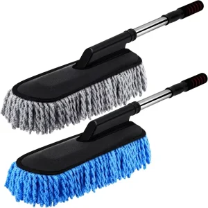 2Pack Microfiber Car Duster Kit with Extendable Handle & Soft Brush for Exterior/Interior Cleaning (Blue Gray)