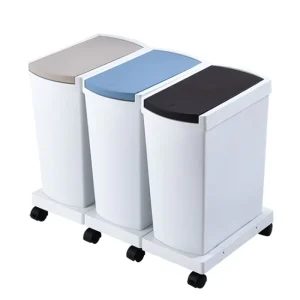 3 Compartment Standing Plastic Wheeled Recycling Waste Bin Kitchen Office Bathroom Trash Can