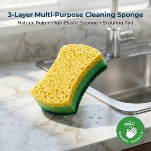 3 Layer Multi Purpose Cleaning Sponge Natural Pulp & High Elastic Sponge & Scouring Pad