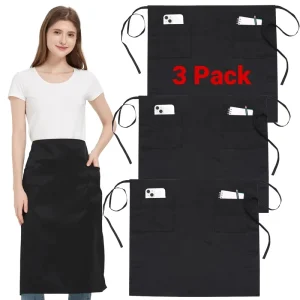 3 Pack Black Waitress Waiter Aprons 2 Pockets High Reusable Waterproof Waist Aprons for Women for Restaurants