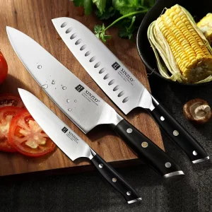 3-Piece Kitchen Chef Knife Set with German 1.4116 Stainless Steel and Ebony Wood Handles