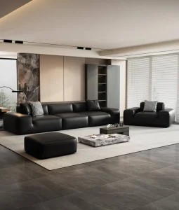 3-Seater Black Genuine Leather Sofa for Living Rooms, Hotels, and Schools