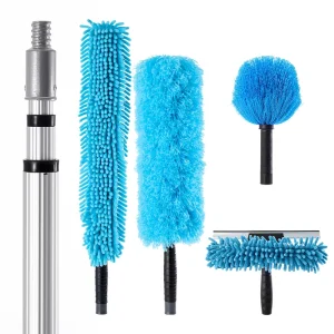 3 Section Telescopic Aluminum Extension Pole with Window Cleaning Squeegee and Cobweb Remover Set